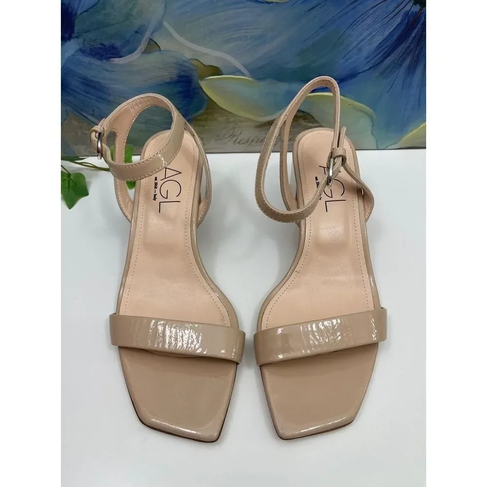 AGL Nude Patent Leather Square Toe Block Heel Sandals Size 39 / US 9